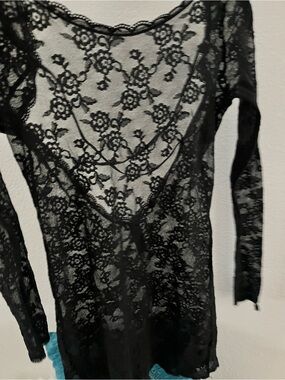 Victoria's Secret Black Sheer Lace Long-Sleeve Chemise
